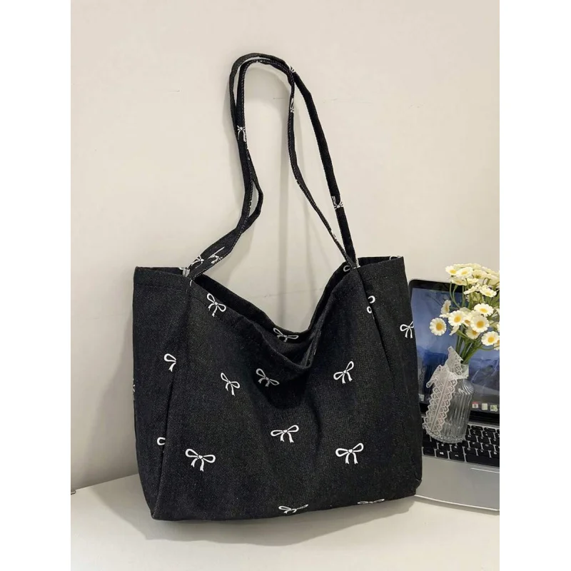 

New Korean Casual Fashion Versatile Blue Highly Attractive Bow Washed Canvas Tote Bag For Commuting, Travel, Shopping, Student B