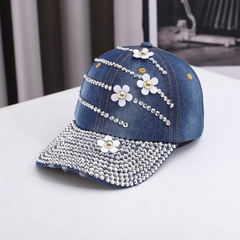 Women's Distressed Denim Baseball Cap Rhinestone Inlaid Fashion Trendy Peaked Cap Outdoor Sun Protection Hat In Stock