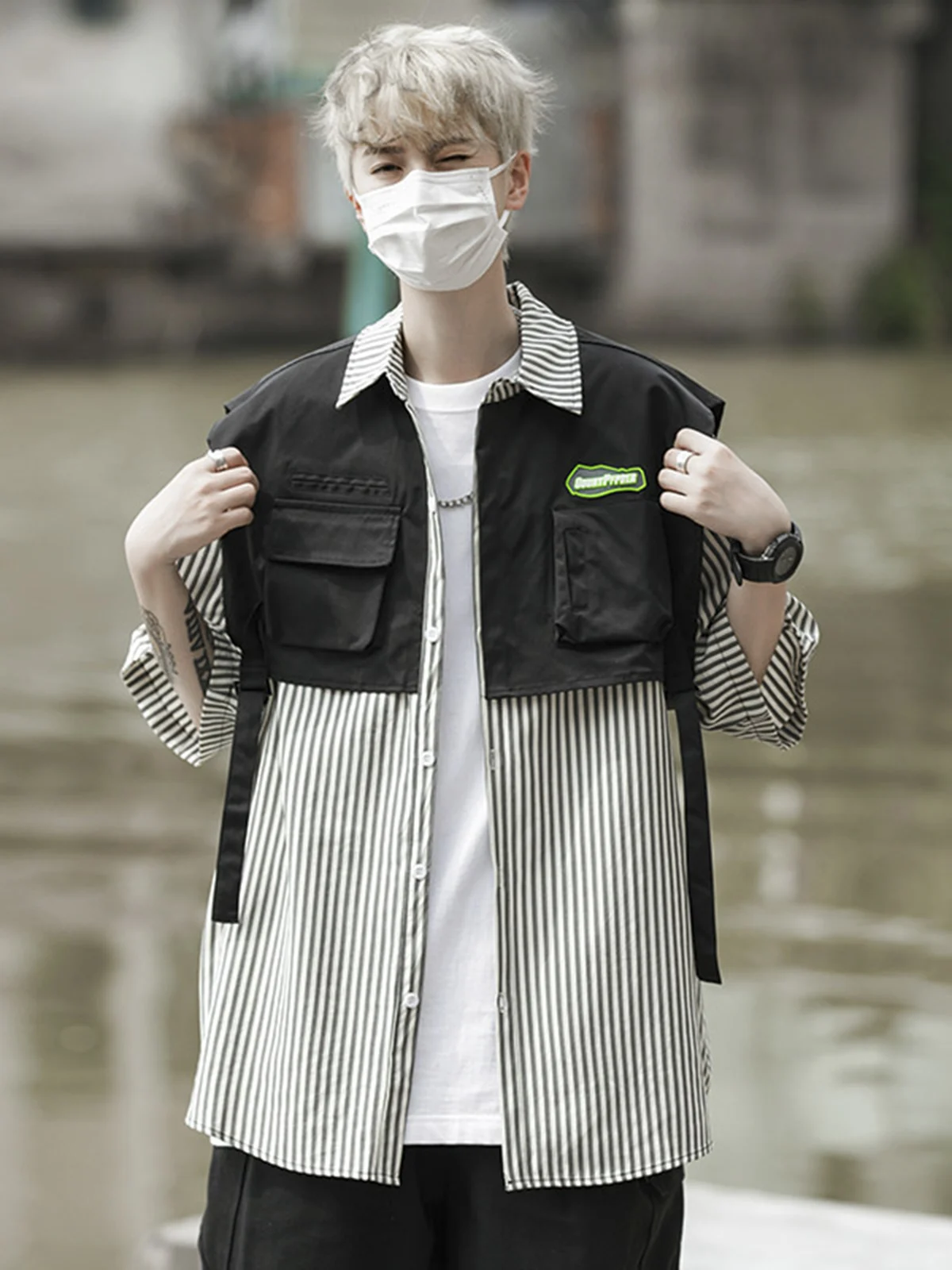 Summer Thin Short Sleeve Shirt Men's Patchwork Stripe Design Unique Handsome Vest Jacket Loose Fit Youth Fashion Casual Shirt