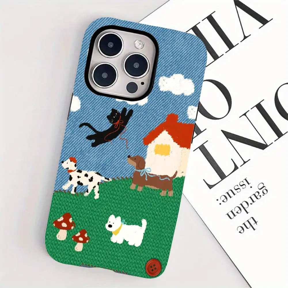 Knitted mushroom cat pattern phone case suitable for iPhone 17 16 15 14 13 12 11 Pro/Max/Plus anti drop 2-in-1 back cover