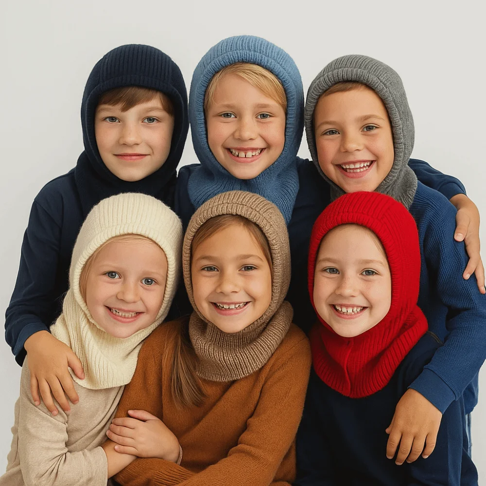 

Solid Color Kids Balaclava Hat Warm Knitted Korean Style One Piece Scarf Cap Fashion Striped Hooded Design Ear Protection Caps