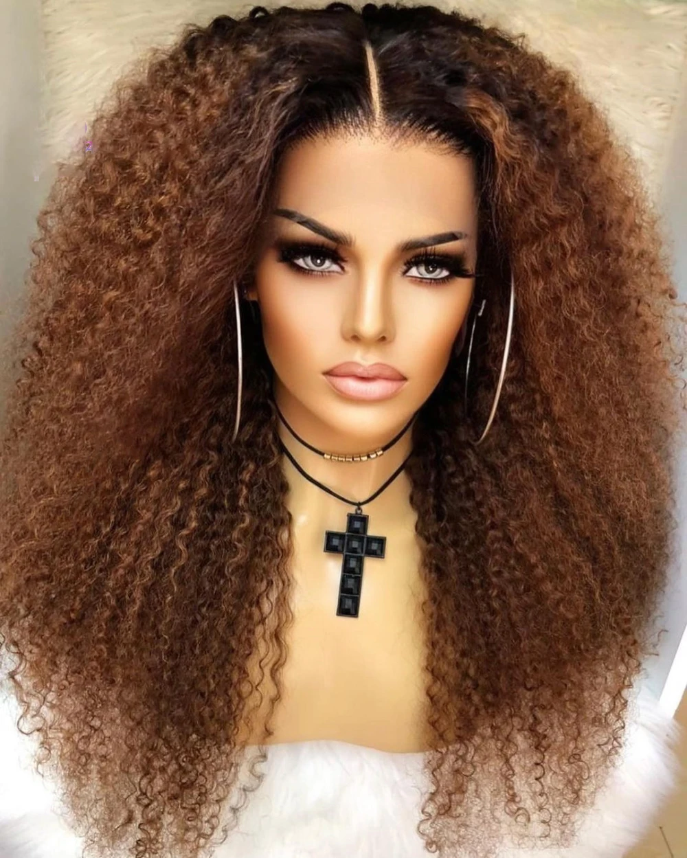 

26Inch Ombre Brown Soft Long 180Density Natural Hairline Kinky Curly Lace Front Wig For Black Women With Baby Hair Preplucked