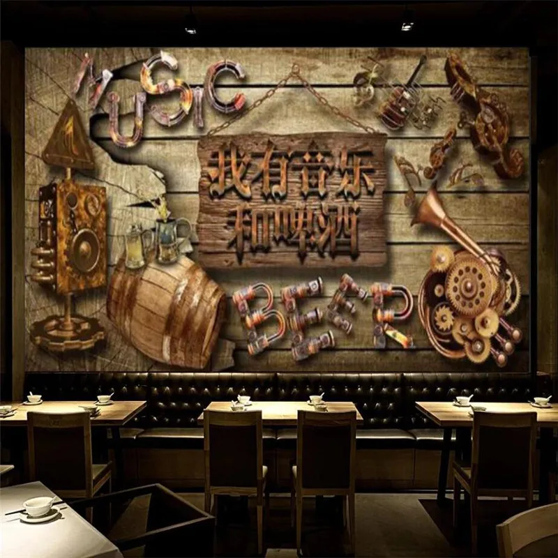 

Custom Wooden Board Music Bar Beer Theme Wallpaper KTV Metal Industry Decor Mural Wall Paper 3D Self Adhesive Papel De Parede