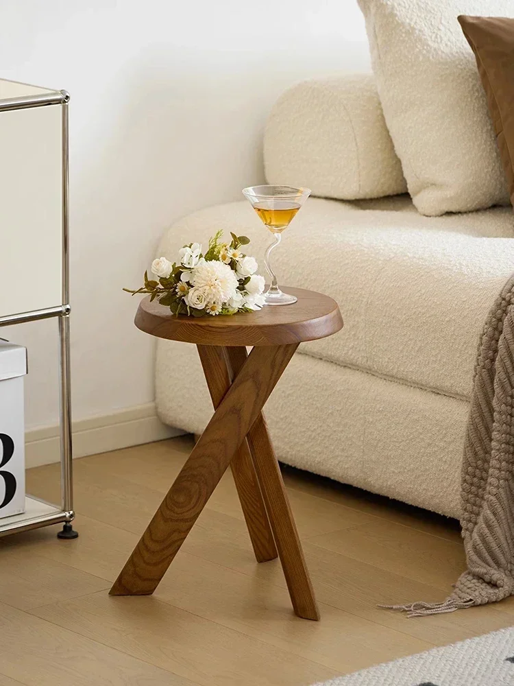 

Creative Balcony Solid Wood Side Table Shelf Living Room Home Corner Table Round Coffee Table Bedroom Home Bedside Tables