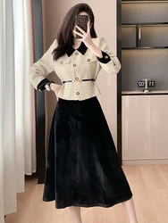 French Autumn Winter  Fashion Two Pieces Set Women Tweed Jacket Coat + Black Velvet A Line Swing Skirts Office Lady Suits