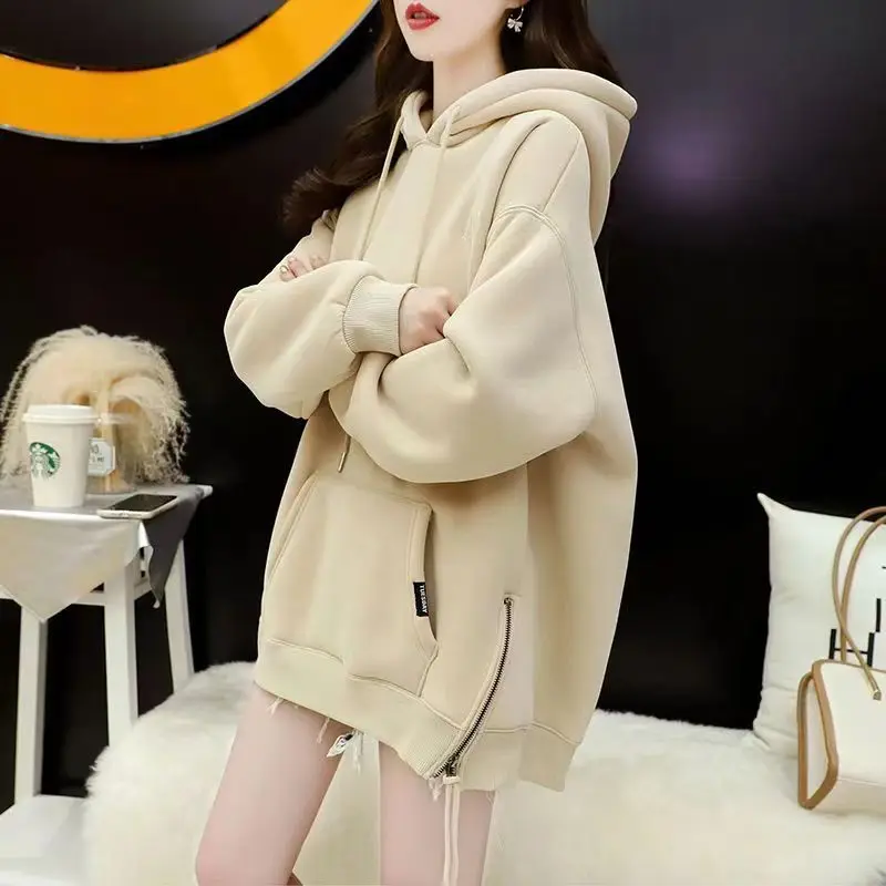 

Fashion Zipper Thicken Hooded Sweatshirt Women Fashion Korean Loose Long Sleeve Pullover Top Autumn Winter Chic Cardigan Outwear