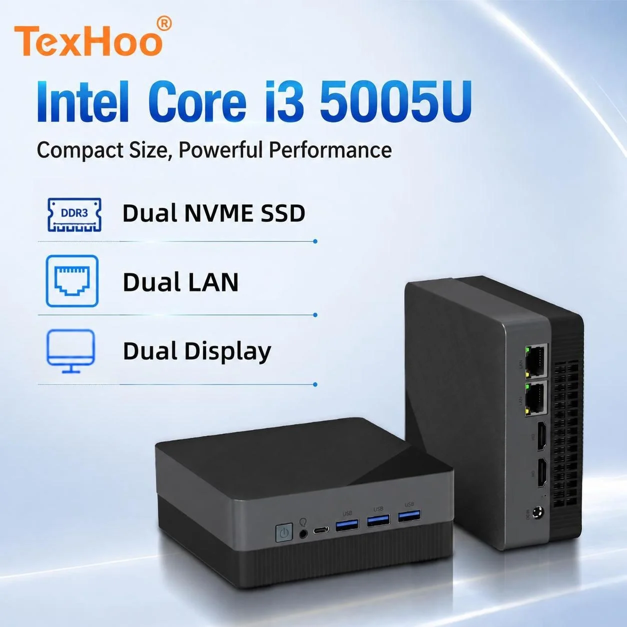 TexHoo Mini PC Intel I3 5th 5005U CPU 8G DDR3 256G NvME SSD Dual Display LAN*2 Dual M.2 NVME Windows10 Desktop Computer BT4.0