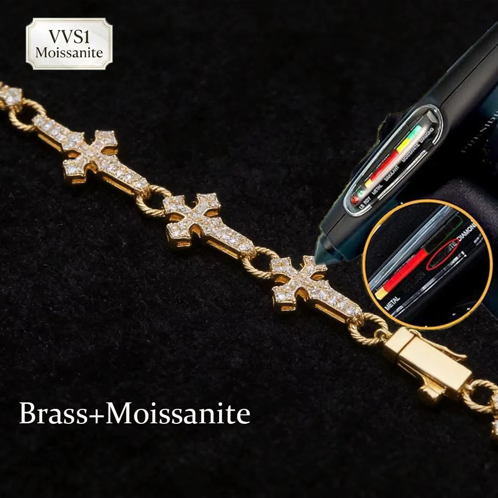 HHIOK Luxury Cross Bracelet S925 Sterling Silver/Brass VVS1 Moissanite Pass Diamond Tester Religious Jewelry Gift For Him Her