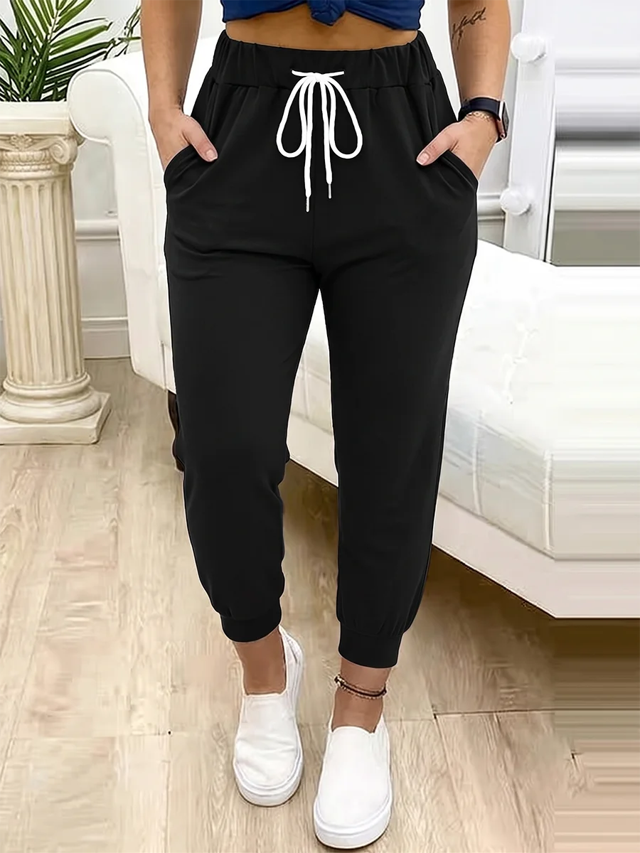 Damen Lässige Weite Haremshose Einfarbig Elastische Taille Kordelzug Hose Mit Taschen Basic Tägliche Streetwear Hose Damen – Detail 1
