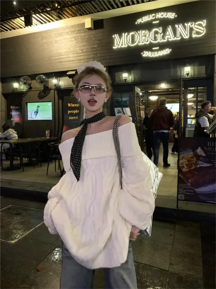 عيد الميلاد الأحمر كسول نمط المعتاد مائل الرقبة فضفاضة طويلة سترة البلوز خريف جديد كم طويل قبالة الكتف محبوك بلوزة كاجوال