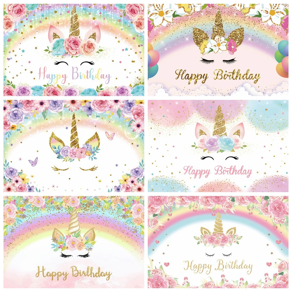 

Rainbow Unicorn Backdrop Girl Birthday Party Floral Glitter Star Flower Unicorn Baby Shower Photography Background Photo Studio