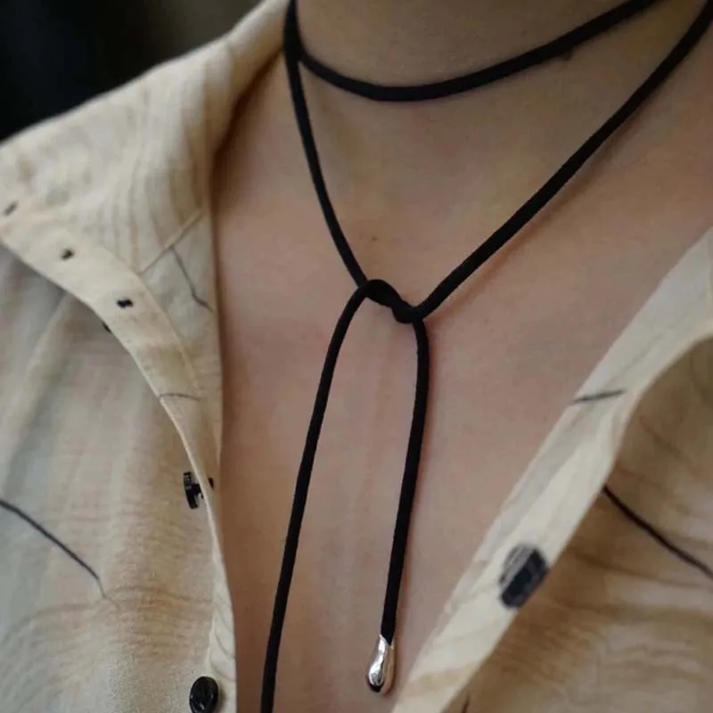 Collar con colgante de perlas de cuerda negra Vintage para mujer, Correa larga Simple coreana, collar de cadena de cuello ajustable, regalos de joyería