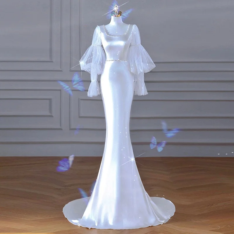 

Silk Satin Fi Tail Wedding Dr Simple Welcome Gown for Women mid Waist Korean Sle with Zipper Outdoor Lawn Wedding