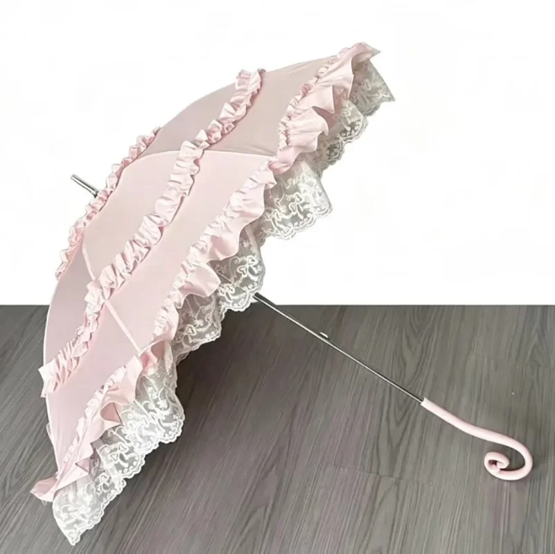 Lolita Lace Parasol Heart Handle UV Protection Dual Use Rain Sun Photo Prop Ladies Outdoor Decorative Umbrella