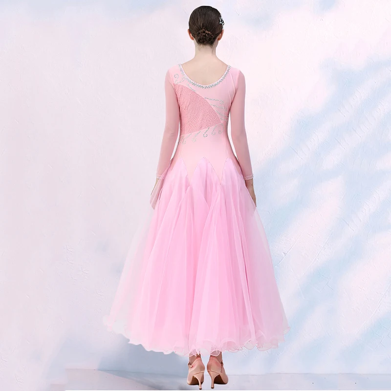 2023 New Pink Ballroom Dance Dress Women Performance Lace Waltz Practice Clothes Big Swing Competition Modern Standard Costumes