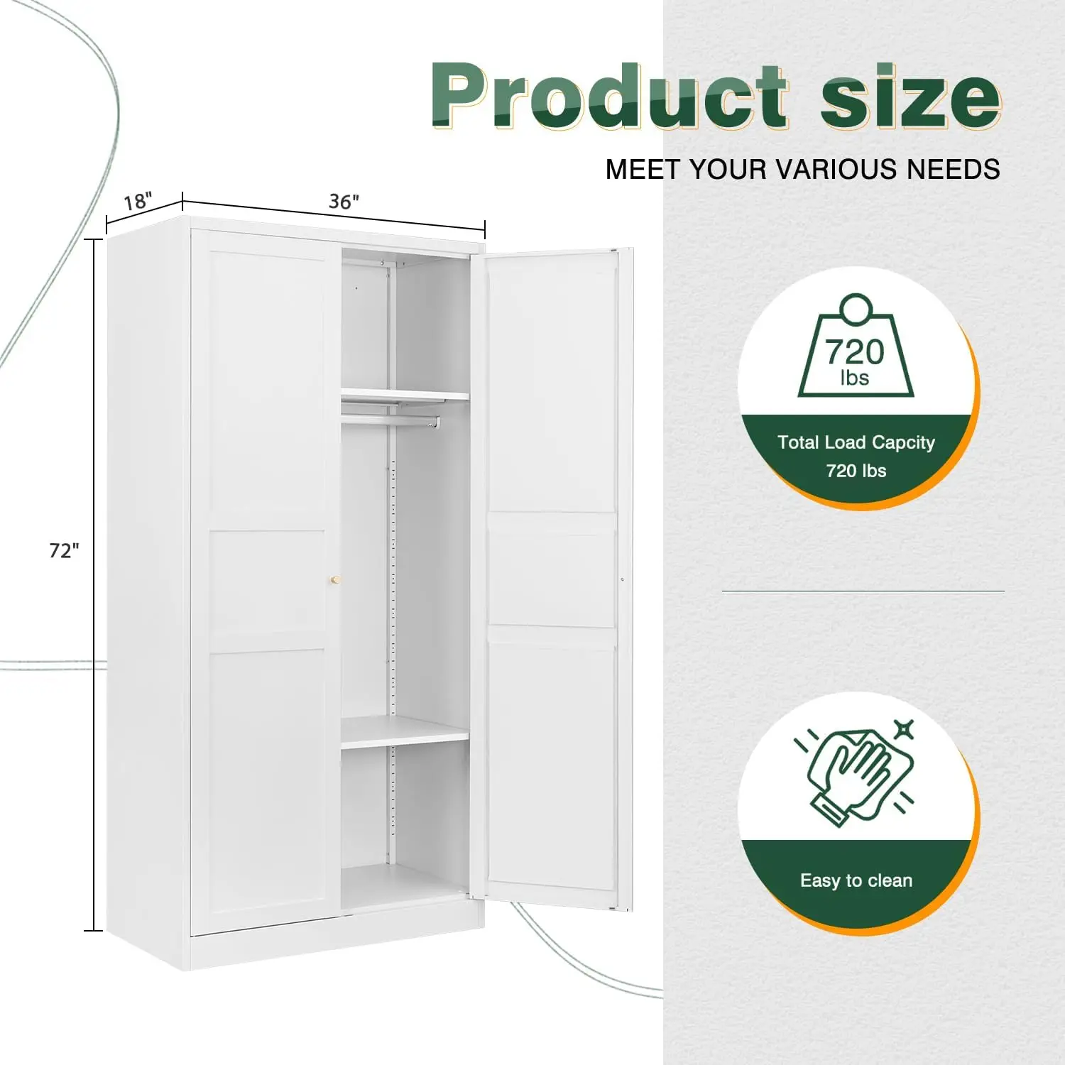 Wardrobe Armoire Closet,72" H Metal Storage Cabinet with Adjustable Shelves and Hanging Rod,Bedroom Armoire Cabinet Clothes Orga