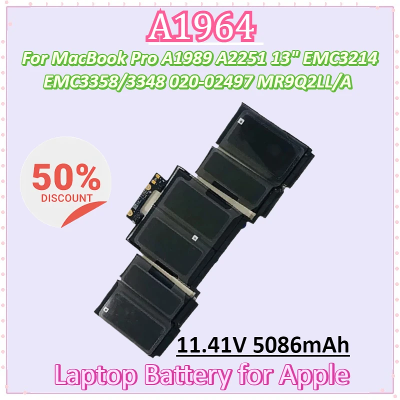 

New A1964 11.41V 5086mAh Laptop Battery for Apple MacBook Pro A1989 A2251 13" 2018-2019 EMC3214 EMC3358/3348 020-02497 MR9Q2LL/A