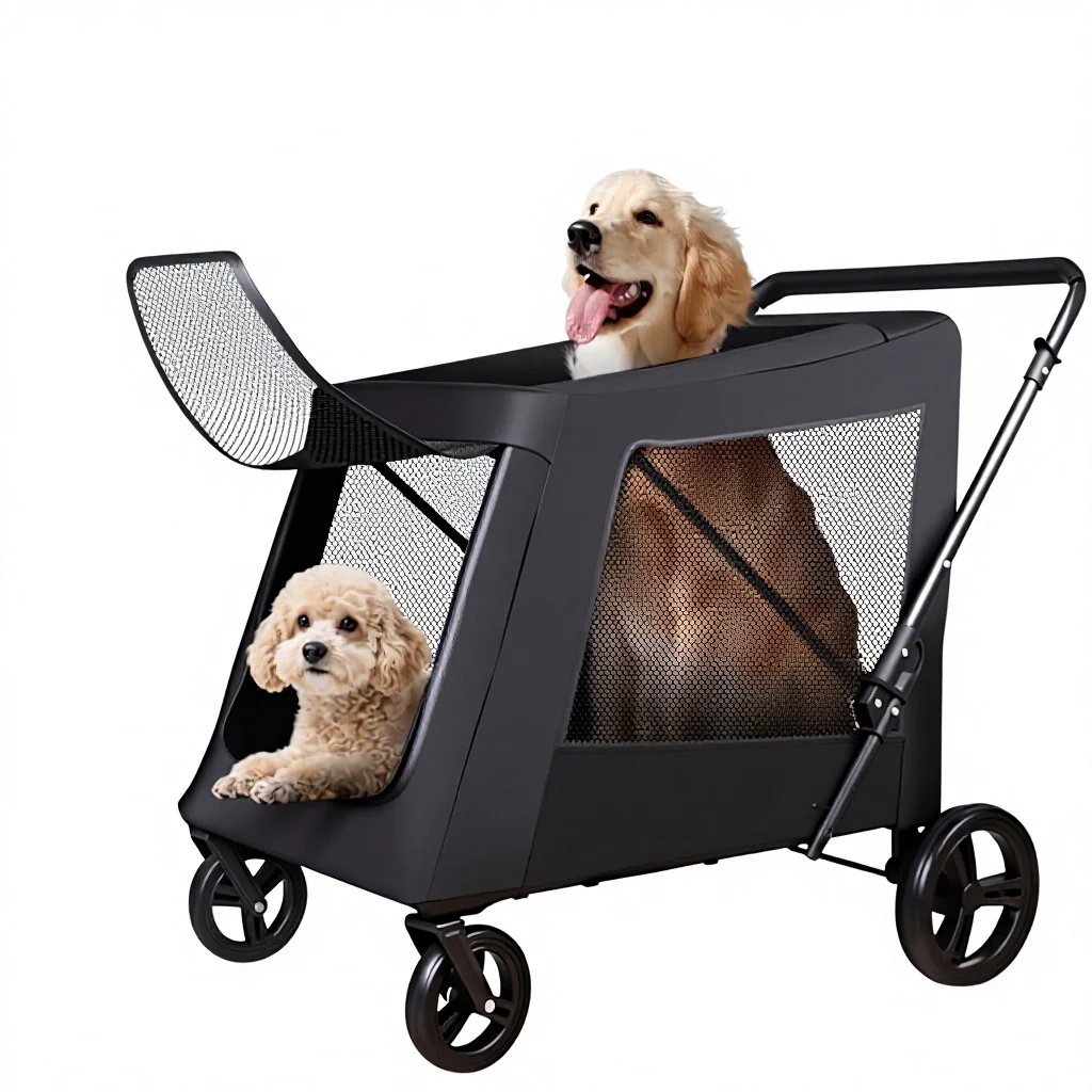 Multi-functional Metal Pet Stroller for Medium Large Dogs; Large Portable Foldable Dog Cart Outdoor Travel