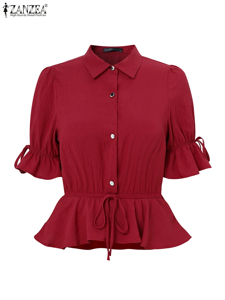 

Летние рубашки с короткими пышными рукавами, женская блузка 2025 ZANZEA, модная туника на шнуровке, повседневные свободные однотонные пуловеры с рюшами, большие размеры