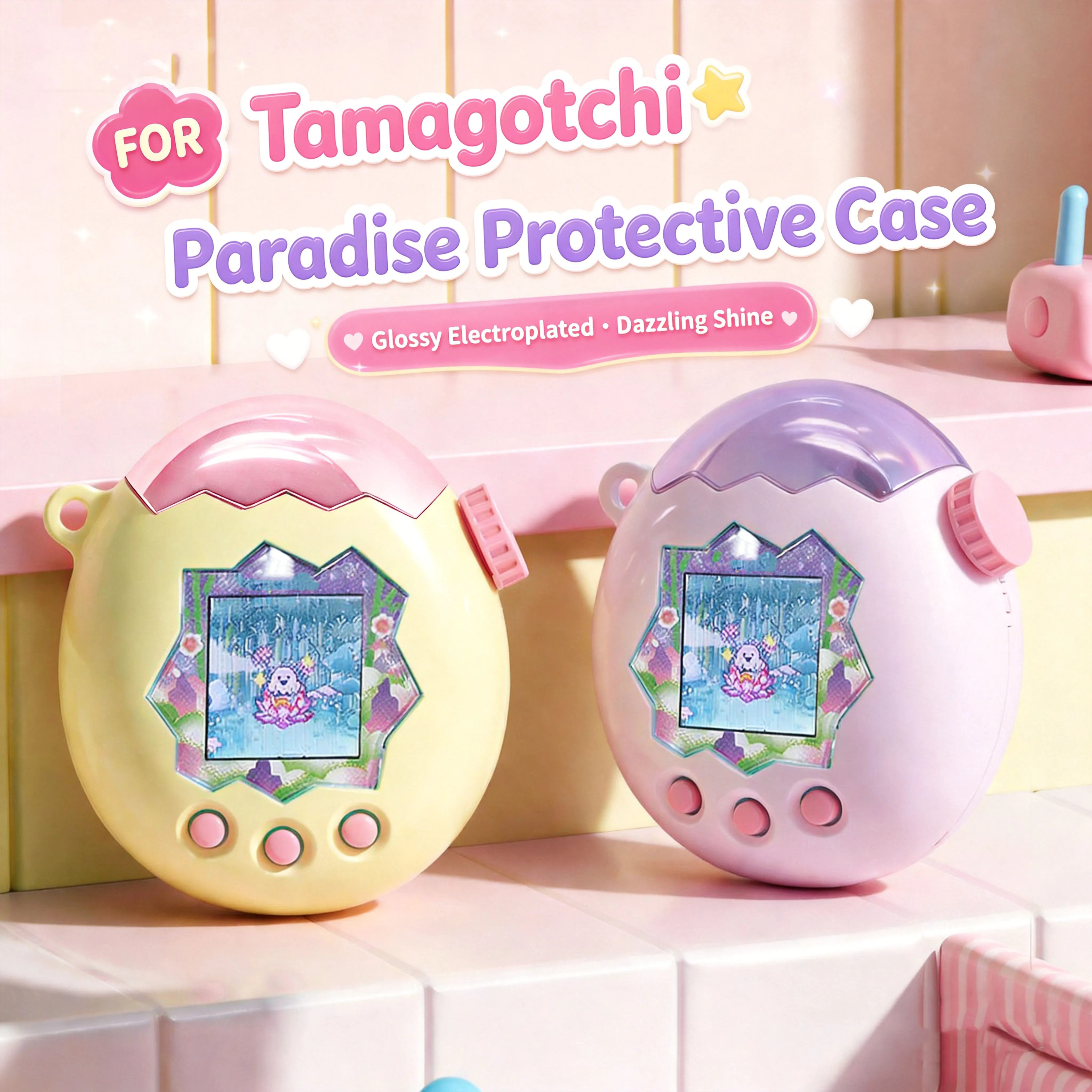PC Case for Tamagotchi Paradise Glossy Electroplated Scratch Resistant Open Lid Design Full Body Hard Shell Washable