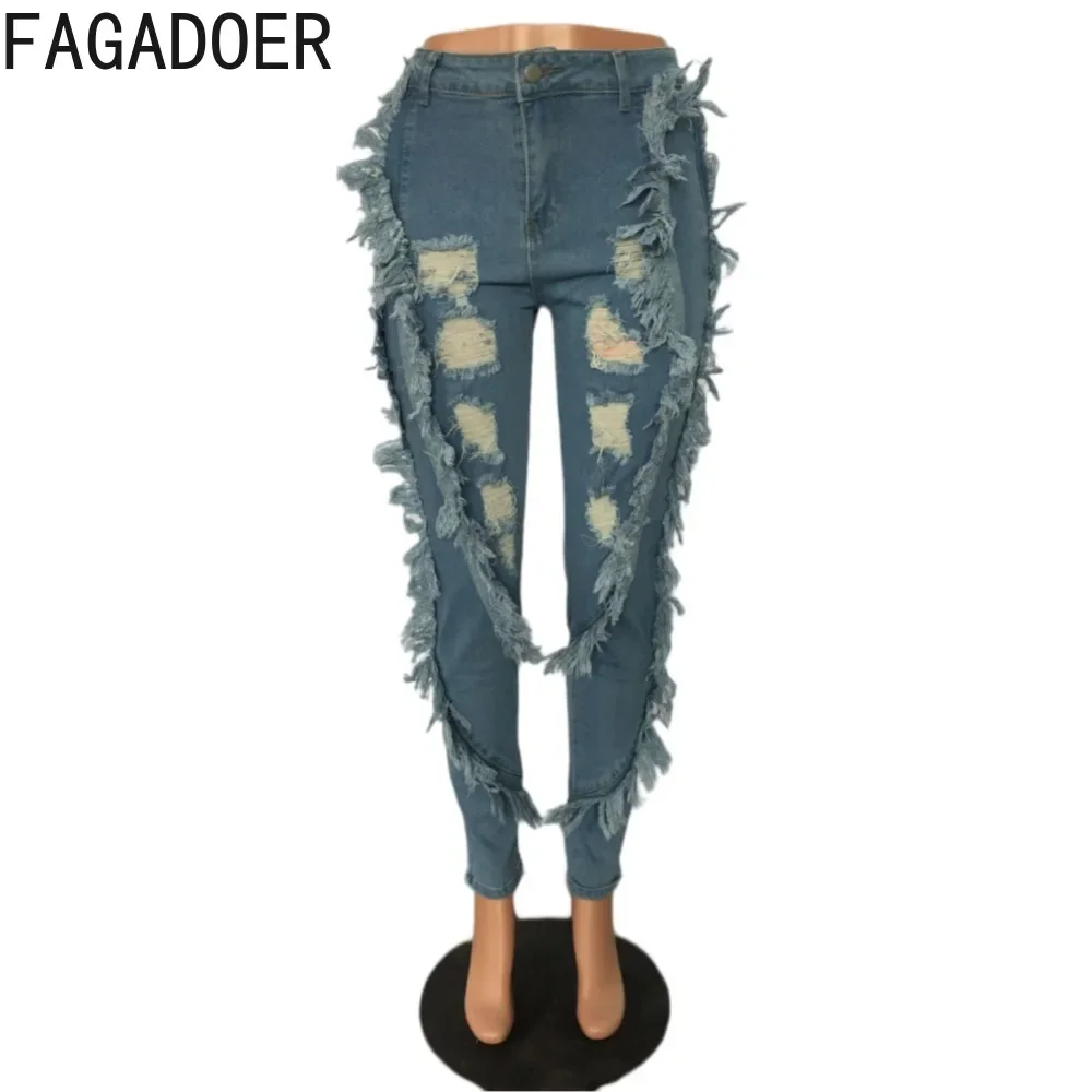FAGADOER 여성용 홀 태슬 스키니 데님 바지, 하이 웨이스트 단추 진 바지, 캐주얼 카우보이 하의, 가을 패션, 2023 신상