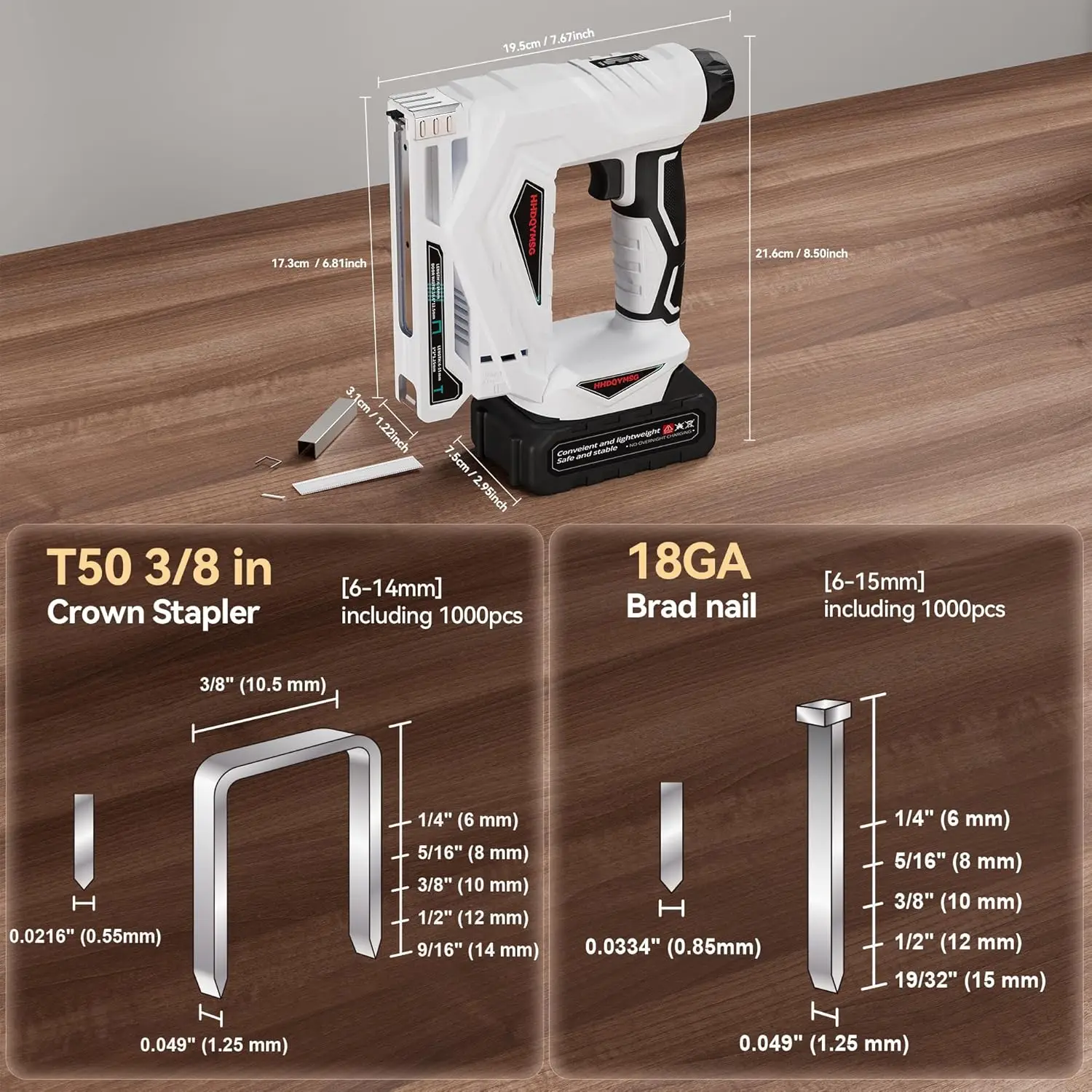 Cordless Battery-Powered 2-in-1 Brad Nailer and Stapler, Electric Nail Gun for Upholstery, Woodworking, and Home DIY Projects, Includes 1000 Nails and 1000 Staples