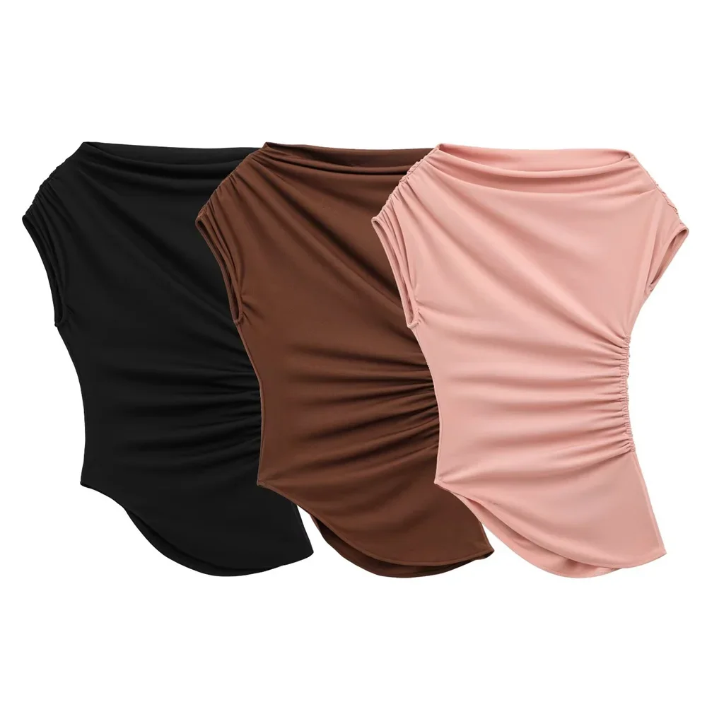 LIBIELIY LIBIELIY Women's Folded Asymmetric Top Solid Color Slimming Decoration Spring/Summer New Casual Women's Top