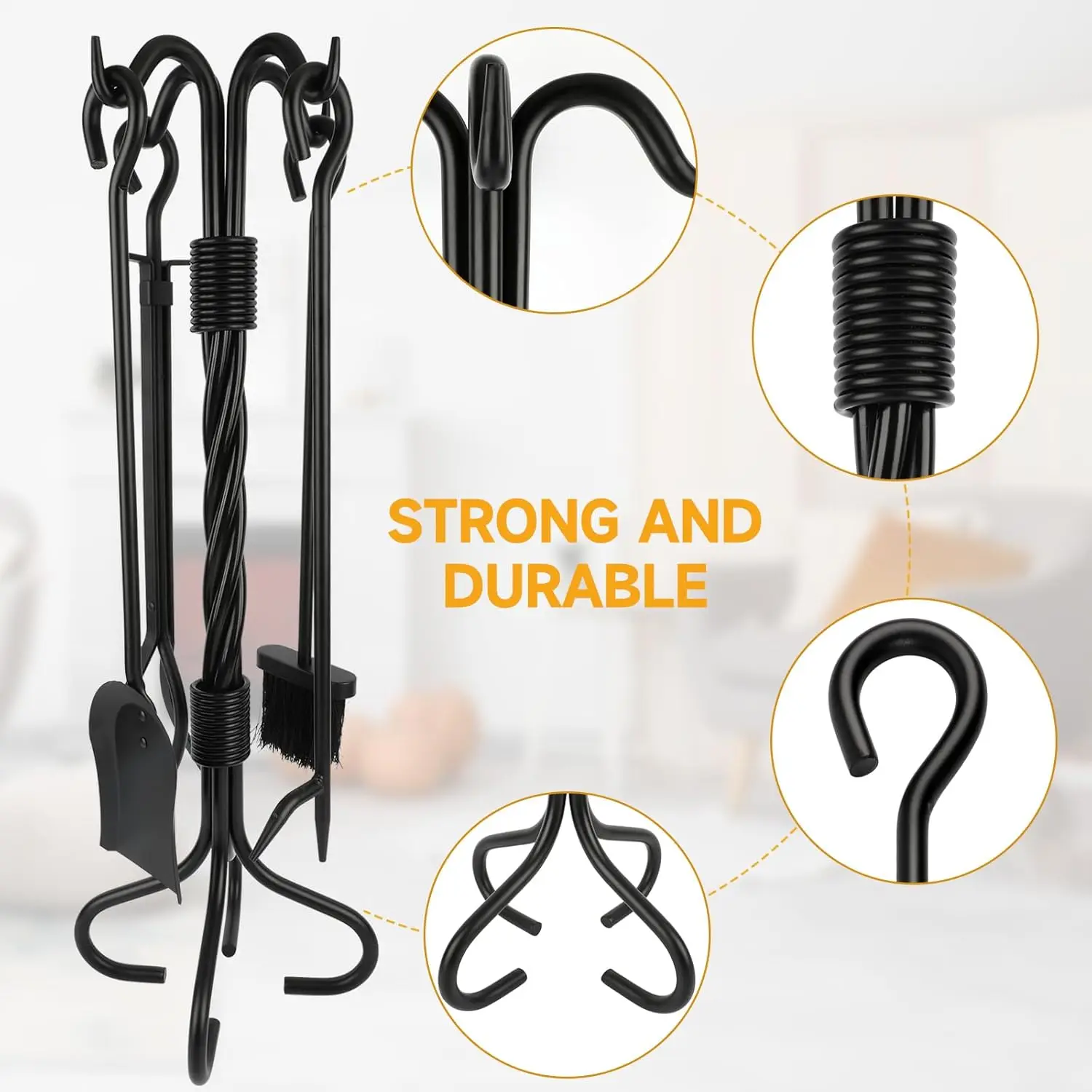 مجموعة أدوات المدفأة مكونة من 5 قطع، أدوات مدفأة داخلية وخارجية سوداء شديدة التحمل لغرفة المعيشة، الانتقال لمنزل جديد