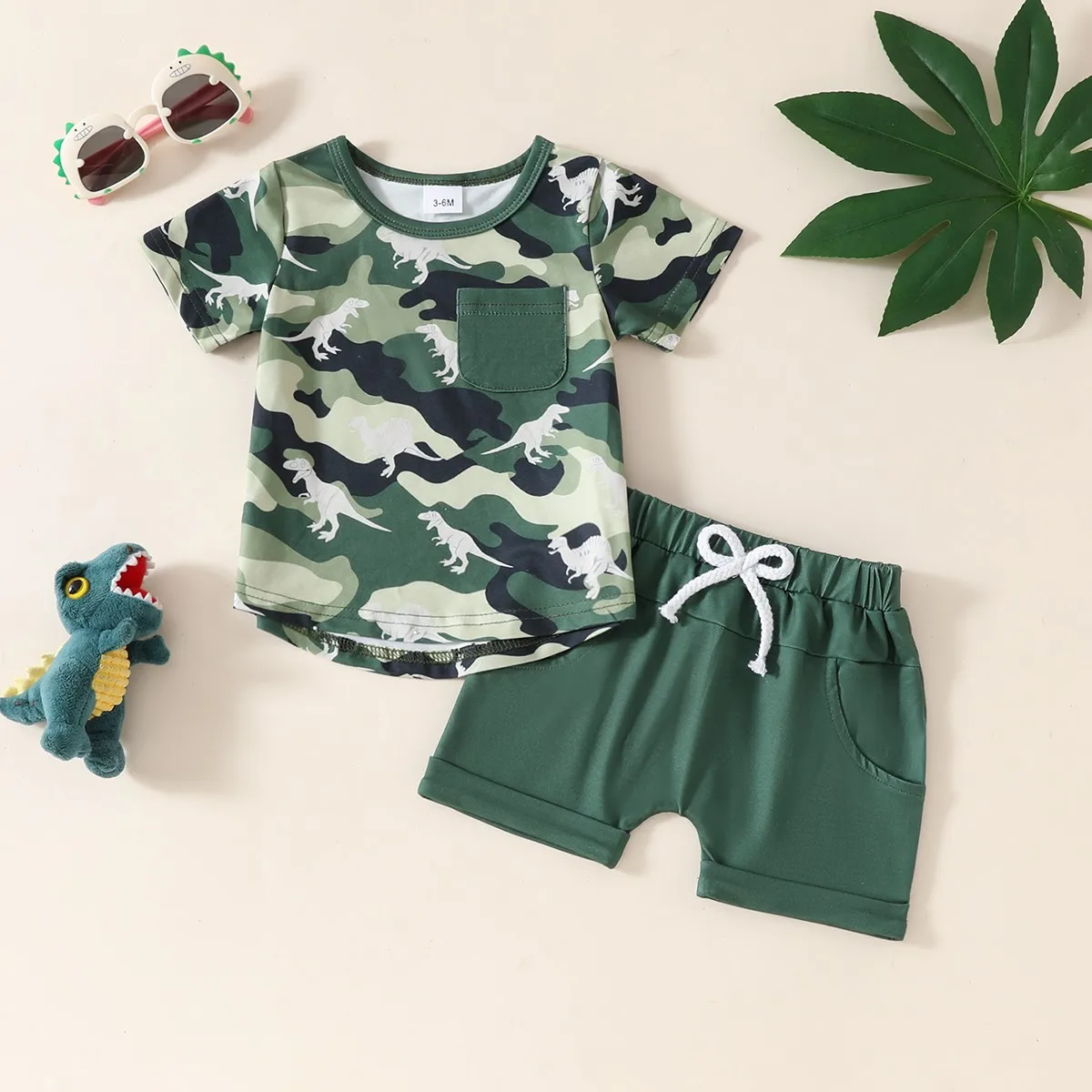 Baby Boys Summer Camouflage Dinosaur Irregular Hem T-shirt Tops + Solid Color Shorts Two-piece Set