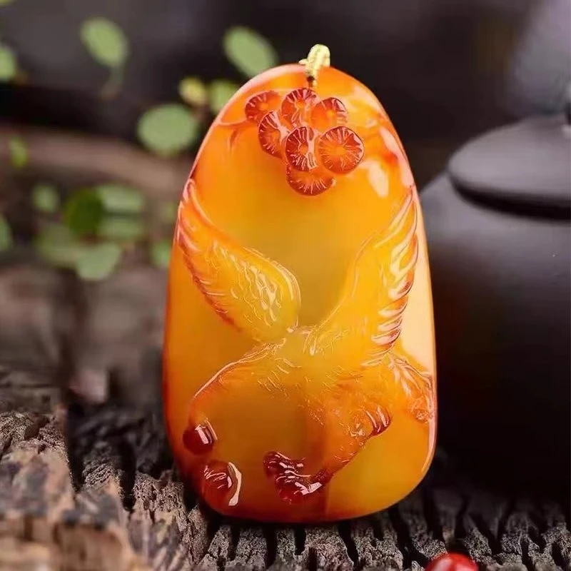 

Hand Carved Eagleg Wings Old Beeswax Amber Color Chanterelle Yellow Resin Brand Pendant Unisex