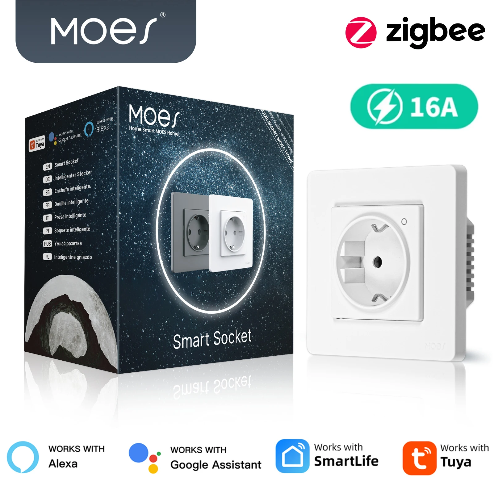 

Настенная розетка MOES Tuya ZigBee, встроенная розетка ЕС, энергетический умный монитор, индикатор, приложение, дистанционное управление, работает с Alexa Google Home