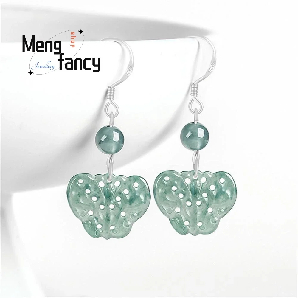 

High-grade S925 Silver Inlaid Natural A-goods Jadeite Blue Water Butterfly Earring Ice Jade Ancient Style Luxury Fashion Jewelry