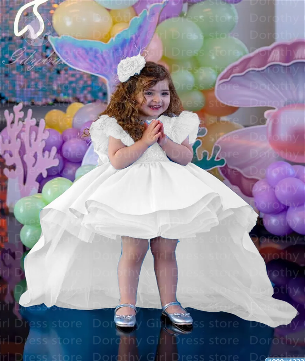 White Satin Beautiful Flower Girl Dress Hi-low Long Train Toddler Birthday Wedding Child Prom Party Customize Gown