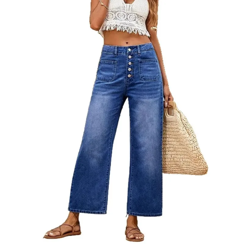 Lässige, geknöpfte Denim-Caprihose für Damen, locker geschnittene Jeans