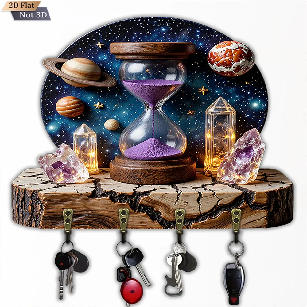 2D Flat, 1pc, Cosmic Amethyst Hourglass Key Hook, Wooden Multifunctional Household Key Hook, with Four Metal Hooks, Wall Decor,