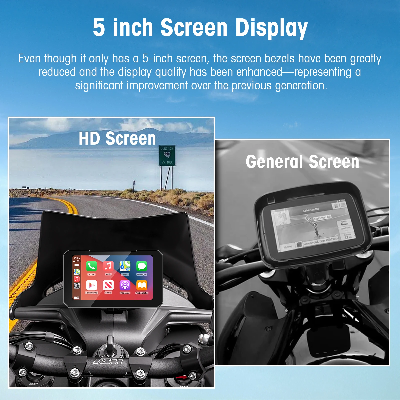 شاشة Ezonetronics 5 بوصة تعمل باللمس للدراجات النارية CarPlay تدعم CarPlay اللاسلكي وAndroid Auto IP67 مقاومة للماء