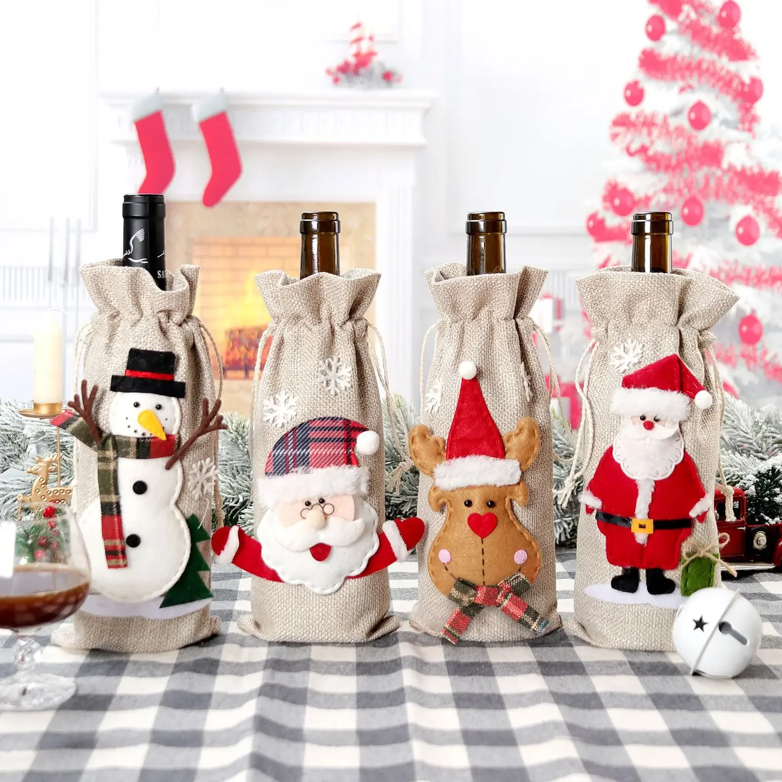 

New Christmas Wine Bottle Set Holiday Party Decorations Santa Claus Snowman Elk Burlap Red Wine Bottle Bag