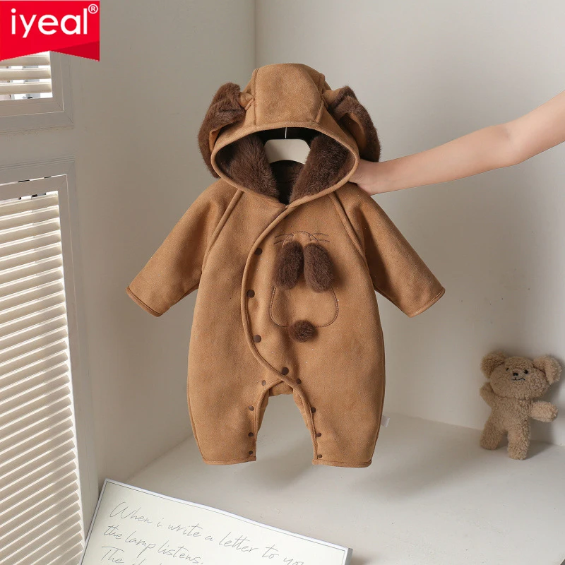 IYEAL Cute Dog Animal Baby Hooded Romper, Fleece Lined Thick Warm Infant Jumpsuit, Winter Cartoon Newborn Onesie Outfit