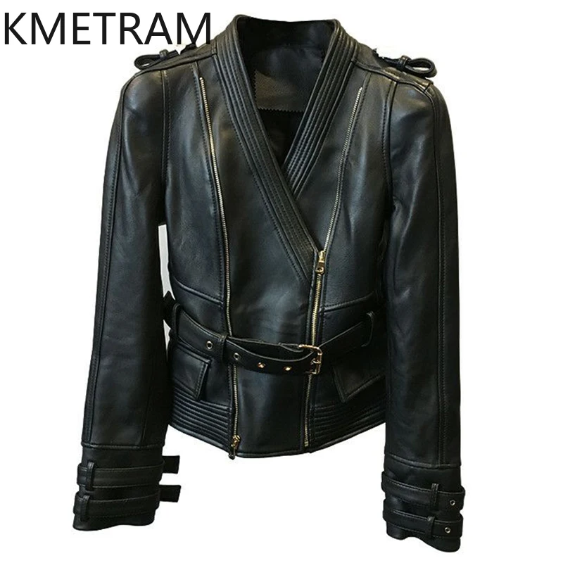 100% Sheepskin Jacket Woman Motorcycle Genuine Leather V Neck Jackets Women Spring Ladies Clothes Slim Fit Coat 2025 кожанка