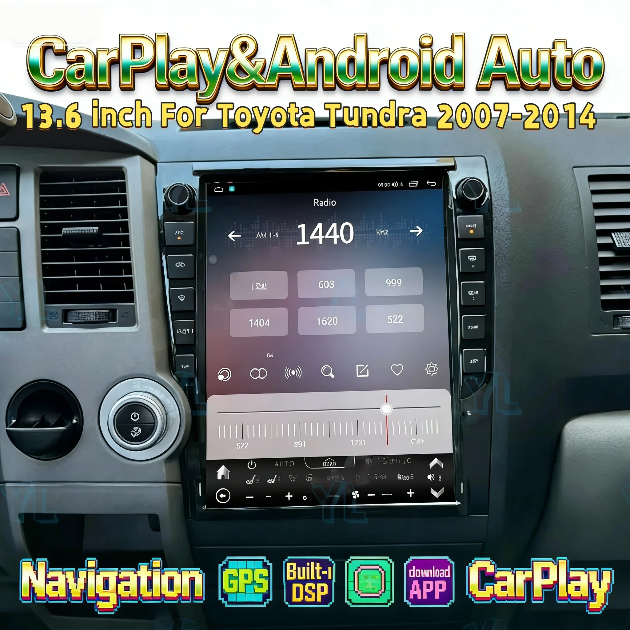 

13.6-дюймовый мультимедийный Android-плеер с Bluetooth 5.0, стереосистемой Qualcomm для Toyota Tundra Sequoia 2007-2014, беспроводным CarPlay, GPS-навигацией и радио