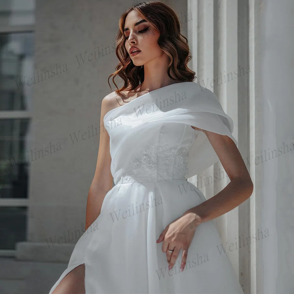 Vestido De boda De Organza para mujer, apliques De lentejuelas De un hombro, plisado, tren De barrido, cremallera trasera