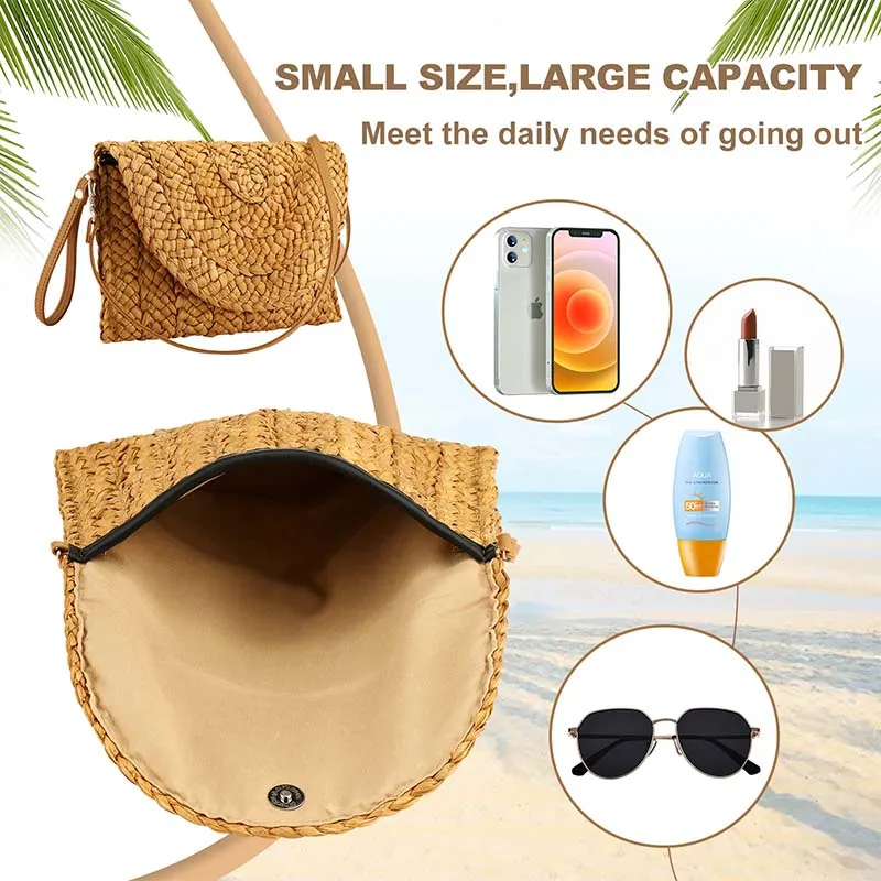 Straw Clutches Beach Bag For Women Summer Crossbody Straw Bag With Bag Strap Rural Style Woven Shoulder Bag Casual Purse Wallets