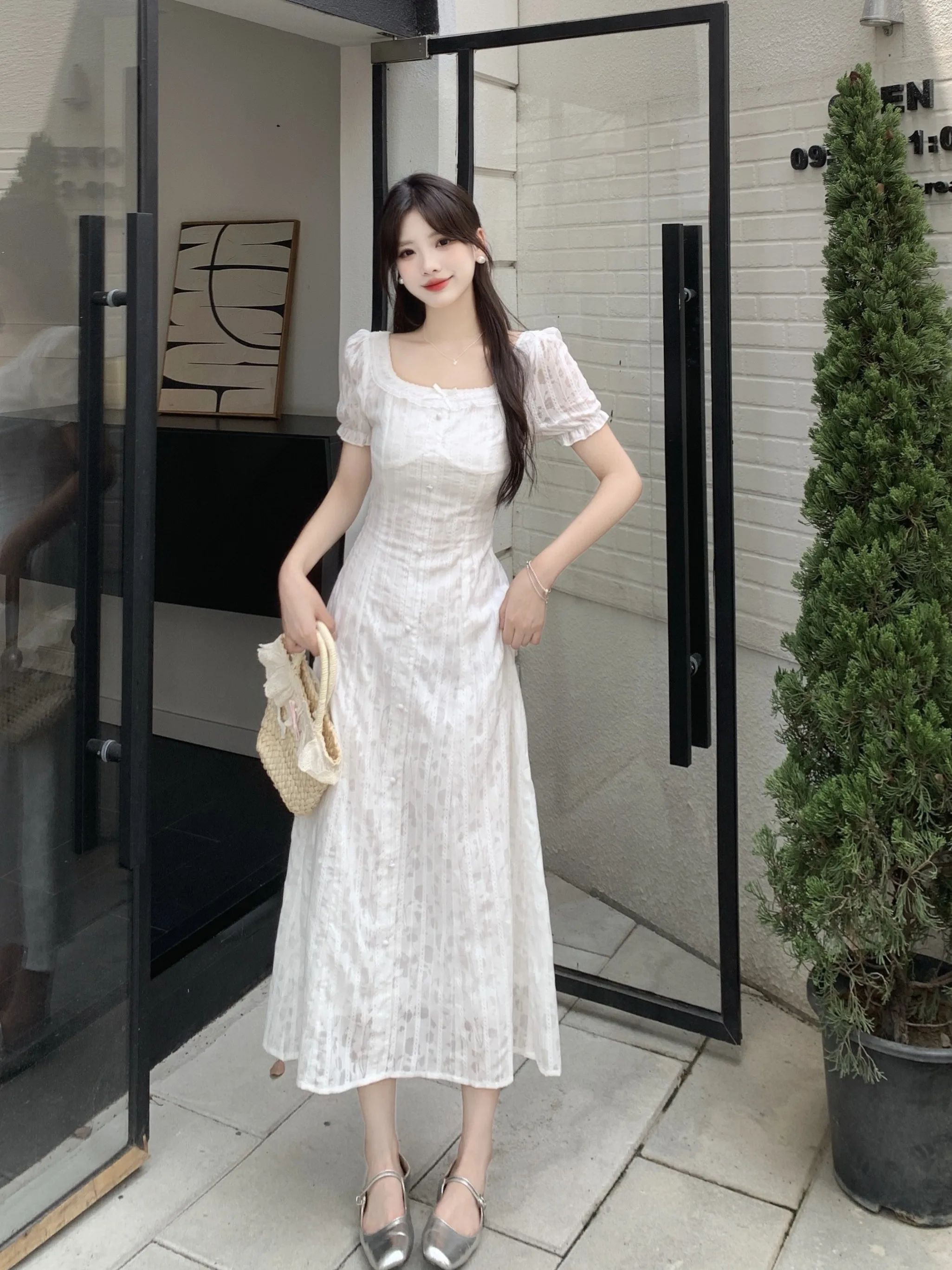 

Новая женская летняя юбка-платье больших размеров с кружевной отделкой, рукавами-фонариками, квадратным вырезом и завышенной талией