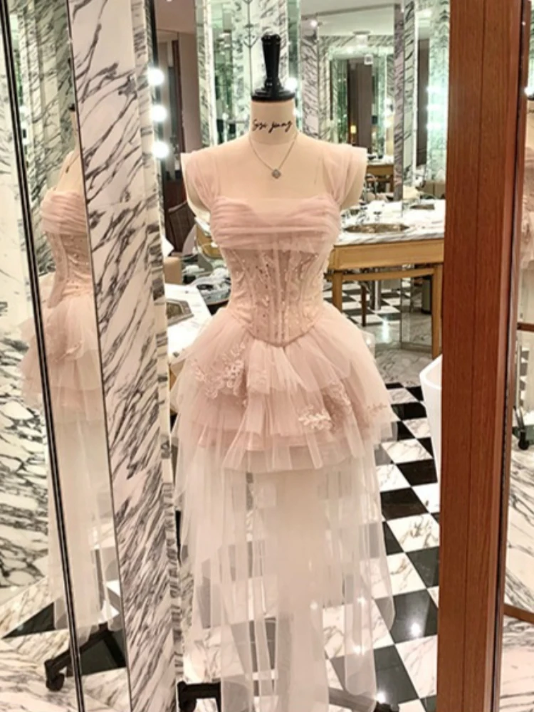 Coquette French Romantic Lace Corset Cap Sleeve High Low Tulle Maxi Dress Women Slim Fit Bodycon Elegant Party Clubwear Outfit