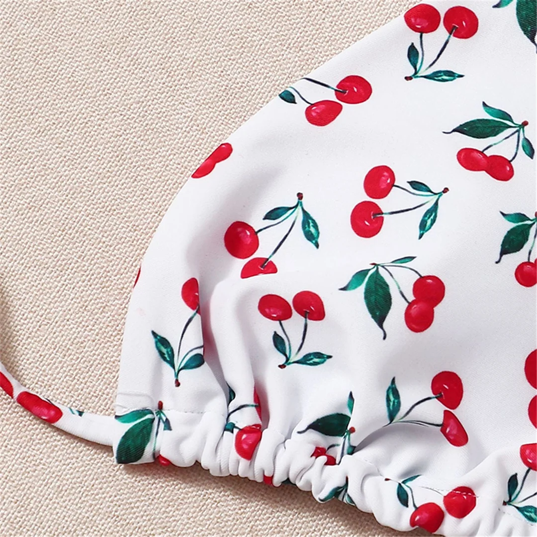 XS - L Cherry Print Neckholder-Bikini mit Trägern, Damen-Badeanzug, zweiteiliger Bikini-Set, Badebekleidung, Badeanzug, Schwimmbekleidung V4894 – Detail 11