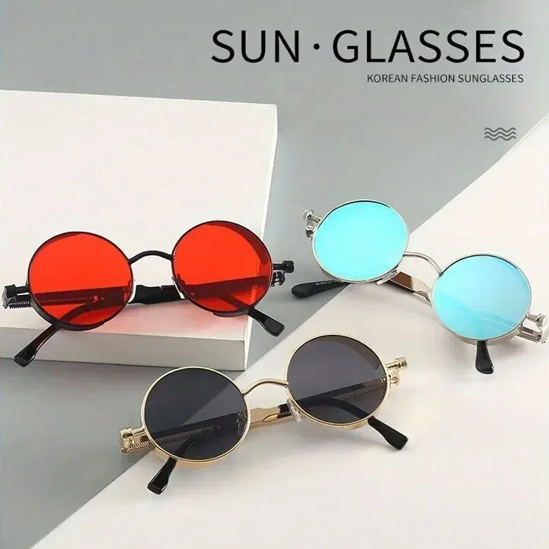 

Vintage Steampunk Red Sunglasses Men Round Punk Alloy Metal Retro Sun Glasses Metal Frame Sun Glasses High Quality UV400