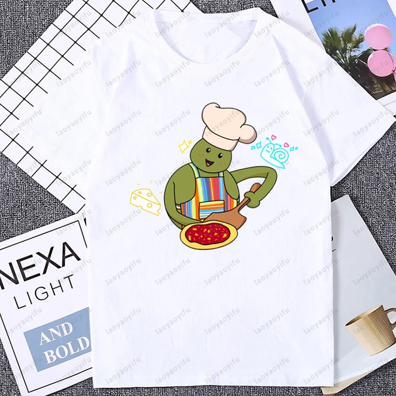 لطيف الفكاهة صغيرة الشيف البيتزا ميمي الجرافيك تي شيرت مطبوع موضة عادية فضفاض Harajuku رجل الشارع الشهير التنفس الراحة التي شيرت