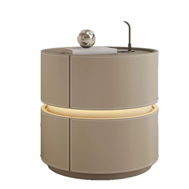 Solid wood bedside table saddle leather minimalist round simple modern small bedroom new storage