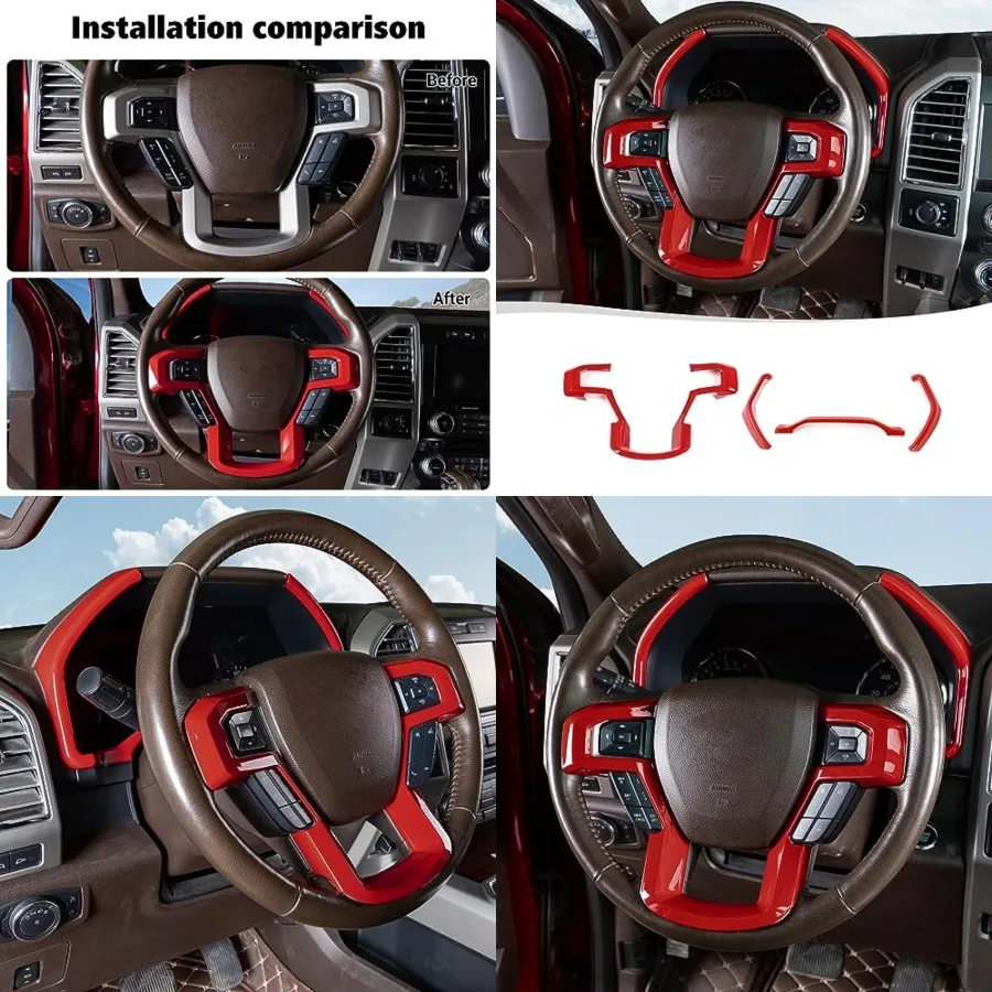 

Center Steering Wheel Panel Cover with Dash Board Cover Trim Compatible with Ford F150 2015-2020 (4pcs,ABS,Red)