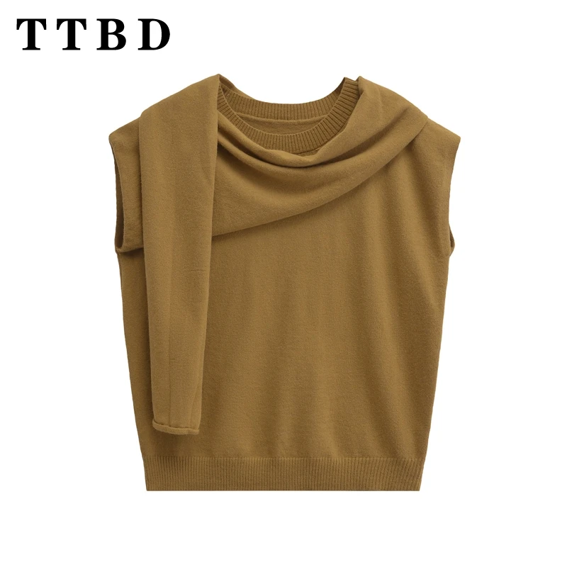 TTBD Woman 2024 New Autumn Vintage O-Collar asymmetrical Knit Sweater Gilet Women Clothing Casual Sleeveless Solid Color Vest To